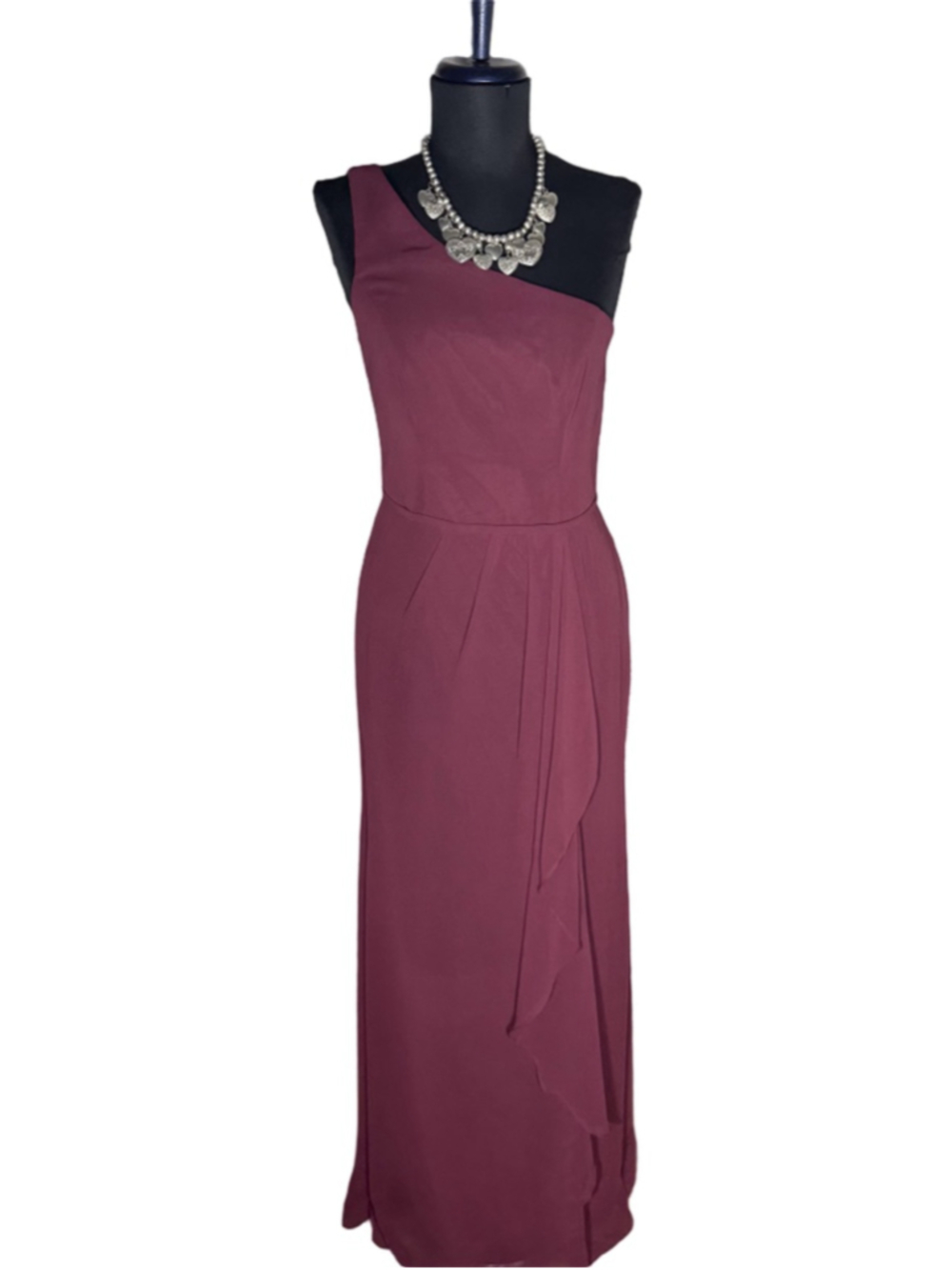 David's Bridal maxi dress formal chiffon one shoulder burgundy wedding guest 2